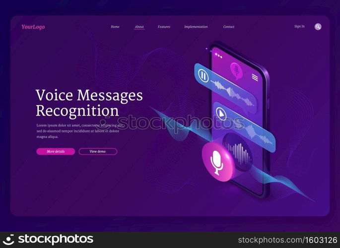 Voice messages recognition banner. Mobile application for recording sound, dictate messages and speech. Vector landing page with isometric illustration of smartphone with voice chat and microphone. Vector banner of voice messages recognition