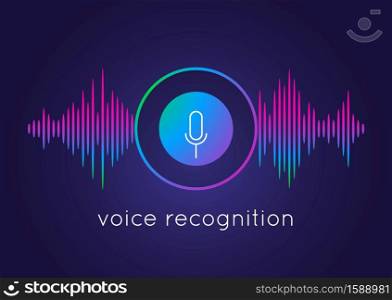 Voice recognition concept. Artificial intelligence recognizes speech. Microphone round button icon and soundwave. Smart technologies, media application template. Vector audio recording illustration. Voice recognition concept. Microphone round button and soundwave. Artificial intelligence recognizes speech. Media application template. Vector audio recording technologies illustration