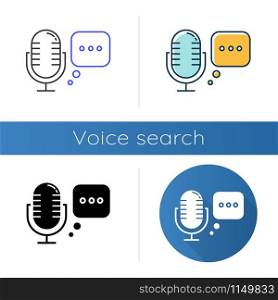Voice recorder icons set. Speech recognition idea. Modern microphone. Voice command, interactive technology. Sound reproduction. Linear, black and color styles. Isolated vector illustrations
