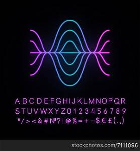 Voice recording neon light icon. Vibration, noise level, frequency curves. Audio volume, frequency. Music player logo. Glowing sign with alphabet, numbers and symbols. Vector isolated illustration