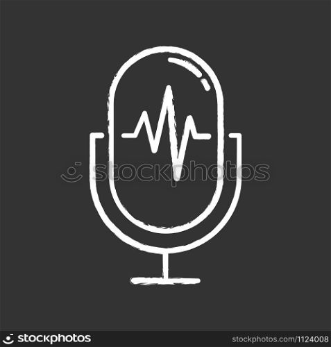 Voice recording process chalk icon. Sound recorder idea. Soundwave, waveform, speaker. Speech signal, voice message accessory. Voice recording equipment. Isolated vector chalkboard illustration