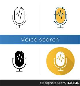 Voice recording process icons set. Sound recorder idea. Soundwave, waveform, speaker. Speech signal. Voice recording equipment. Linear, black and color styles. Isolated vector illustrations