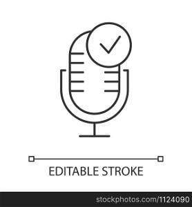 Voice recording process linear icon. Sound recorder. Soundwave, waveform, speaker. Speech signal. Thin line illustration. Contour symbol. Vector isolated outline drawing. Editable stroke