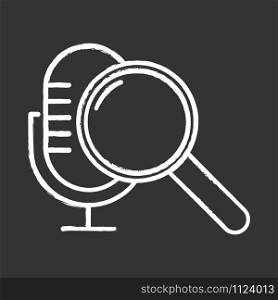 Voice search command chalk icon. Sound request idea. Microphone and magnifier. Sound recorder, music equipment. Multimedia tool, magnifying glass. Isolated vector chalkboard illustration