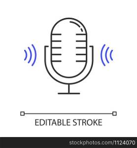 Voice search command linear icon. Sound request. Microphone and magnifier. Sound recorder, music equipment. Thin line illustration. Contour symbol. Vector isolated outline drawing. Editable stroke