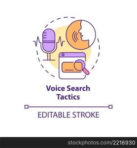 Voice search tactics concept icon. Promotion channel. SEO marketing trend abstract idea thin line illustration. Isolated outline drawing. Editable stroke. Arial, Myriad Pro-Bold fonts used. Voice search tactics concept icon