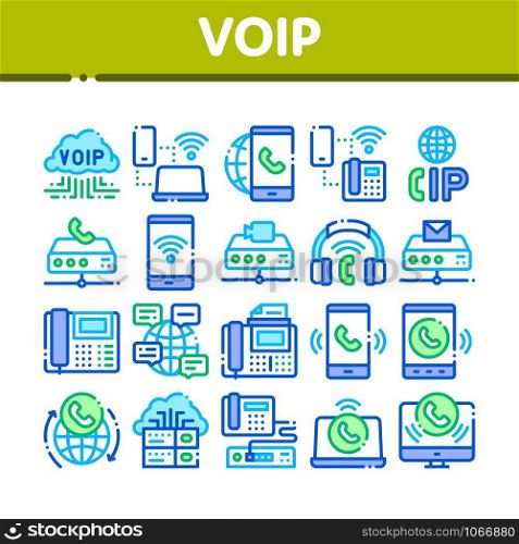 Voip Calling System Collection Icons Set Vector Thin Line. Server For Voice Ip And Cloud, Smartphone And Phone, Wifi Mark And Headphones Concept Linear Pictograms. Color Contour Illustrations. Voip Calling System Collection Icons Set Vector