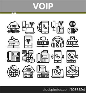 Voip Calling System Collection Icons Set Vector Thin Line. Server For Voice Ip And Cloud, Smartphone And Phone, Wifi Mark And Headphones Concept Linear Pictograms. Monochrome Contour Illustrations. Voip Calling System Collection Icons Set Vector