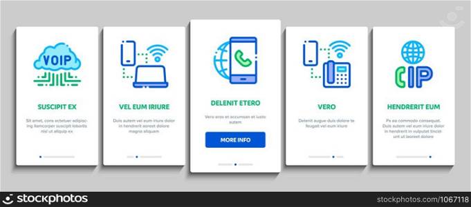 Voip Calling System Onboarding Mobile App Page Screen Vector Thin Line. Server For Voice Ip And Cloud, Smartphone And Phone, Wifi Mark And Headphones Concept Linear Pictograms. Contour Illustrations. Voip Calling System Onboarding Icons Set Vector