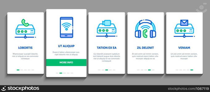 Voip Calling System Onboarding Mobile App Page Screen Vector Thin Line. Server For Voice Ip And Cloud, Smartphone And Phone, Wifi Mark And Headphones Concept Linear Pictograms. Contour Illustrations. Voip Calling System Onboarding Icons Set Vector