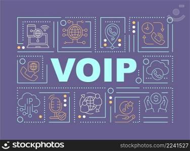 VOIP survive word concepts purple banner. IP telephony. Communication technology. Infographics with icons on color background. Isolated typography. Vector illustration with text. Arial-Black font used. VOIP service word concepts purple banner