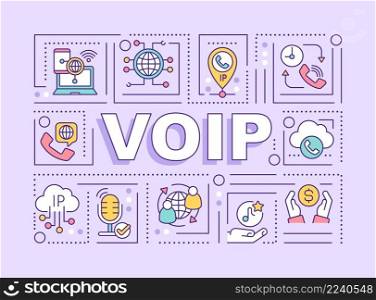 VOIP word concepts purple banner. IP telephony service. Communication technology. Infographics with icons on color background. Isolated typography. Vector illustration with text. Arial-Black font used. VOIP word concepts purple banner