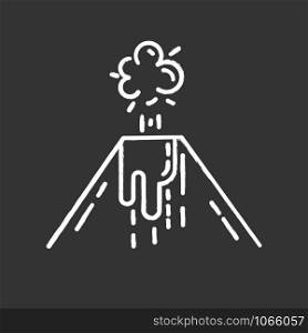 Volcanic eruption chalk icon. Smoke, ash and lava emission from volcano. Geothermal energy explosion. Seismic hazard. Geological disaster. Natural catastrophe. Isolated vector chalkboard illustration
