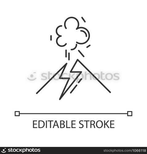 Volcanic eruption linear icon. Geothermal power. Active volcano explosion. Smoke emission from mountain. Thin line illustration. Contour symbol. Vector isolated outline drawing. Editable stroke