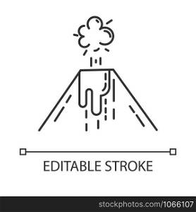 Volcanic eruption linear icon. Smoke, ash and lava emission from volcano. Seismic hazard. Geological disaster. Thin line illustration. Contour symbol. Vector isolated outline drawing. Editable stroke