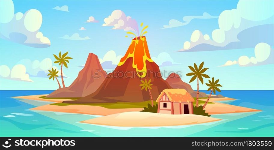 Volcanic eruption. Natural disaster scene, power kick hot lava and smoke, small island catastrophe, active mountain crater, shack on ocean beach. Horizontal landscape vector cartoon flat style concept. Volcanic eruption. Natural disaster scene, power kick hot lava and smoke, island catastrophe, active mountain crater, shack on ocean beach. Horizontal landscape vector cartoon flat concept