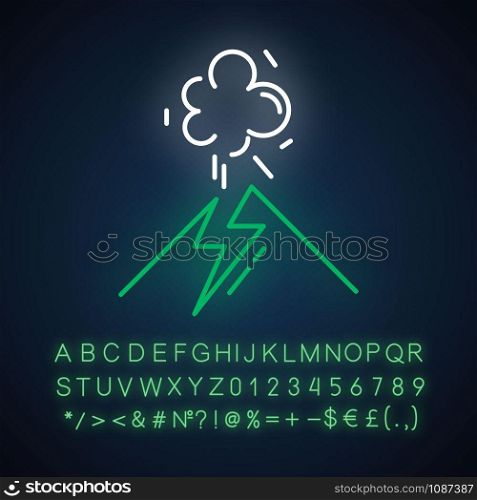 Volcanic eruption neon light icon. Geothermal power. Active volcano explosion. Seismically hazardous area. Glowing sign with alphabet, numbers and symbols. Vector isolated illustration