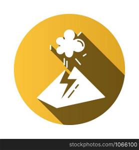 Volcanic eruption yellow flat design long shadow glyph icon. Geothermal power. Volcano explosion. Seismically hazardous area. Smoke and ash emission from mountain. Vector silhouette illustration