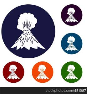 Volcano erupting icons set in flat circle reb, blue and green color for web. Volcano erupting icons set