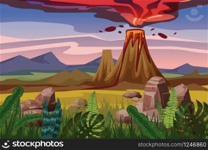 Volcano eruption, background landscape plain, vegetation, stones, vector cartoon style illustration. Volcano eruption, background landscape plain, vegetation, stones, vector, cartoon style, illustration, isolated