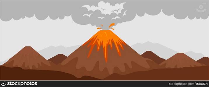 Volcano eruption flat color vector illustration. Mountain with hot lava. Wild nature scenery. Natural phenomenon. 2D cartoon landscape with hill with flame and smoke on background. Volcano eruption flat color vector illustration