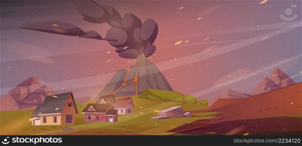 Volcano eruption scene with cottages covered with steam and ashes fall from volcanic crater. Natural disaster, apocalypse background with houses at rock foot under dark sky Cartoon Vector illustration. Volcano eruption scene with cottages, disaster
