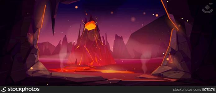 Volcano eruption view from cave, Halloween background with hell landscape, steaming magma flow down from volcanic mouth. Nature disaster, apocalypse with liquid drain, Cartoon Vector illustration. Volcano eruption cave view, Halloween background
