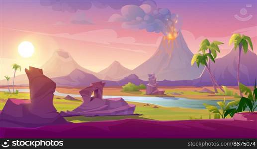 Volcano eruption with lava flows and smoke clouds. Vector cartoon summer landscape of mountain with smoking crater and liquid magma, rocks, river, tropical plants and palm trees. Volcano eruption with lava flows and smoke clouds