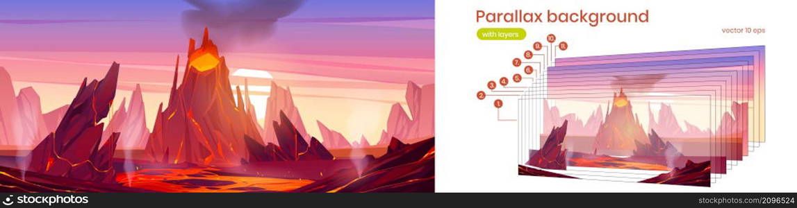 Volcano erupts with hot lava, fire and clouds of smoke at sunset. Vector parallax background for 2d animation with cartoon landscape with rocks and volcanic eruption with magma. Parallax background with volcanic eruption