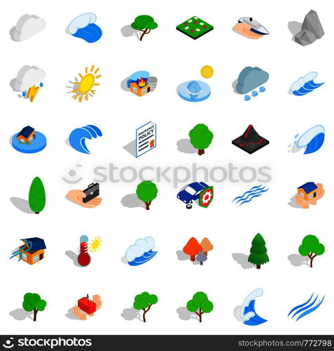 Volcano icons set. Isometric style of 36 volcano vector icons for web isolated on white background. Volcano icons set, isometric style