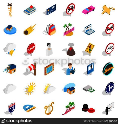 Volcano icons set. Isometric style of 36 volcano vector icons for web isolated on white background. Volcano icons set, isometric style
