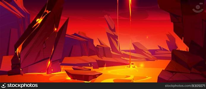 Volcano lava hell rock cave view fantasy game cartoon background. mysterious and dangerous flowing molten hot magma level adventure design. Ground crack with liquid fire river flow terrain surface.. Volcano lava hell rock cave view fantasy game