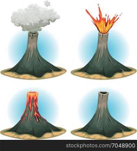 Volcano Mountains Set. Illustration of a set of cartoon volcano mountains, with different states of eruption, smoke and lava