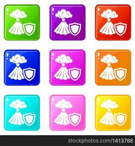 Volcano protection icons set 9 color collection isolated on white for any design. Volcano protection icons set 9 color collection