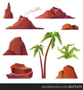 Volcano with smoke, mountains and palm trees isolated on white background. Vector cartoon set of prehistoric landscape, volcanic eruption, rocks with smoking crater, tropical plants and stones. Volcano with smoke, mountains and palm trees