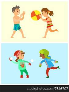 Volleyball and snowballs, children playing outside in summer and winter vector. Outdoor activities, kids in swimwear and coats, snow and beach sand. Children Summer and Winter Outdoor Activities