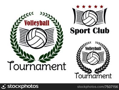 Volleyball club and tournament emblems with volleyball balls, net and green laurel wreath. Volleyball game sport heraldic emblems