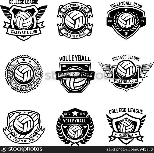 Volleyball emblems on white background. Design element for logo, label, emblem, sign, badge. Vector illustration