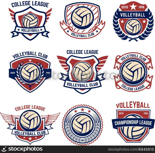 Volleyball emblems on white background. Design element for logo, label, emblem, sign, badge. Vector illustration