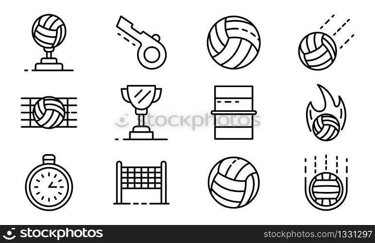 Volleyball icons set. Outline set of volleyball vector icons for web design isolated on white background. Volleyball icons set, outline style
