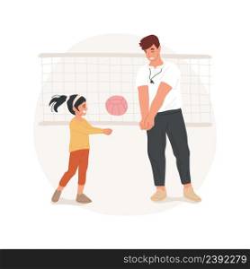 Volleyball isolated cartoon vector illustration Teacher explains girl how to pitch the ball, school sport electives, children training in a gym, elementary volleyball class vector cartoon.. Volleyball isolated cartoon vector illustration