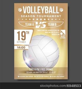Volleyball Poster Vector. Banner Advertising. Sand Beach. Sport Event Announcement. A4 Size. Game, League Design. Championship Label Illustration. Volleyball Poster Vector. Volleyball Ball. Sand Beach. Design For Sport Bar Promotion. Vertical Volleyball Club, Flyer. Championship Invitation Illustration