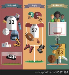 Volleyball rugby and basketball team sport attributes 3 flat vertical banners set abstract shadow vector isolated illustration. Team sport vertical banners set