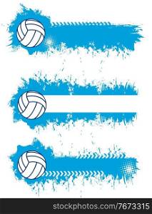 Volleyball sport blank banners or posters templates with volleyball ball and blue paint splatters, smudges and stains vector texture. Sport game league ch&ionship, competition grungy icons. Volleyball sport blank banners vector templates