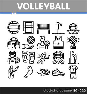 Volleyball Sport Game Collection Icons Set Vector Thin Line. Volleyball Ball In Water And Grid, Athlete Equipment And Sneaker Concept Linear Pictograms. Monochrome Contour Illustrations. Volleyball Sport Game Collection Icons Set Vector