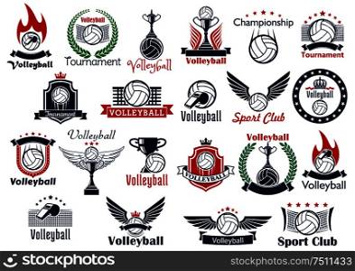 Volleyball sport game icons and symbols. Including many decorative elements as ball, net and whistle, laurel wreath and wings, fire and shield, trophy cup, crown and fire flame. Volleyball sport game icons and symbols