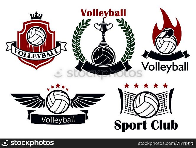 Volleyball sporting club or team emblems with volleyball balls, net, trophy, whistle, flame and wings, supplemented by heraldic shield with crown, laurel wreath, ribbon banners and stars. Volleyball game sporting heraldic emblems