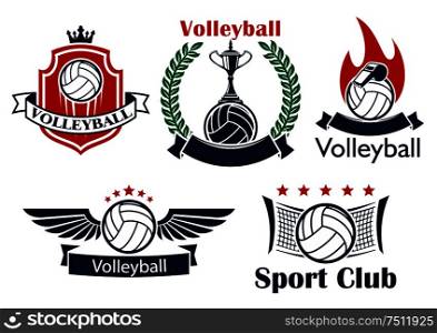 Volleyball sporting club or team emblems with volleyball balls, net, trophy, whistle, flame and wings, supplemented by heraldic shield with crown, laurel wreath, ribbon banners and stars. Volleyball game sporting heraldic emblems