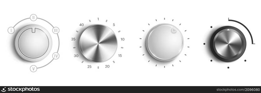 Volume control knobs, round switches with sound level dial. Vector realistic set of 3d audio tuners, metal and white circle regulators of loud or power isolated on background. Volume control knobs, round switches with dial
