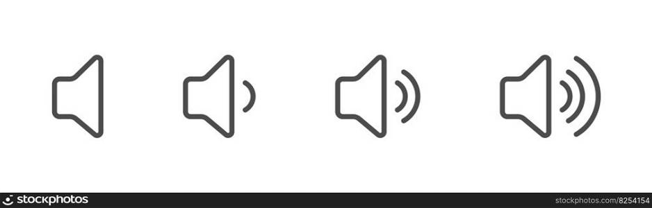 Volume icon. Sound controls. A set of symbols for the volume and control interface. Empty outline, flat style.